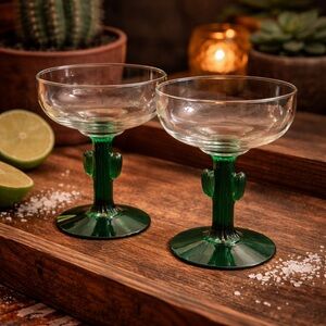 Vintage Style Cactus Stem Coupe Glasses Set of 2 Green Margarita Martini Barware